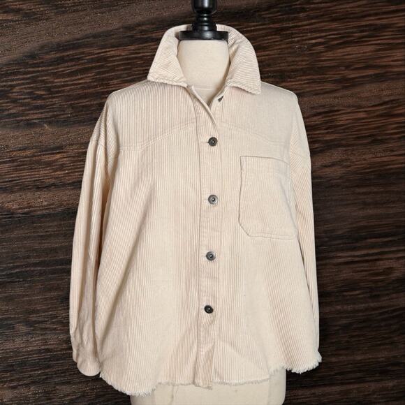 ZARA Corduroy Raw Hem Short Oversized Shacket Shirt Jacket Sz M Creamy White Fun - Picture 1 of 9